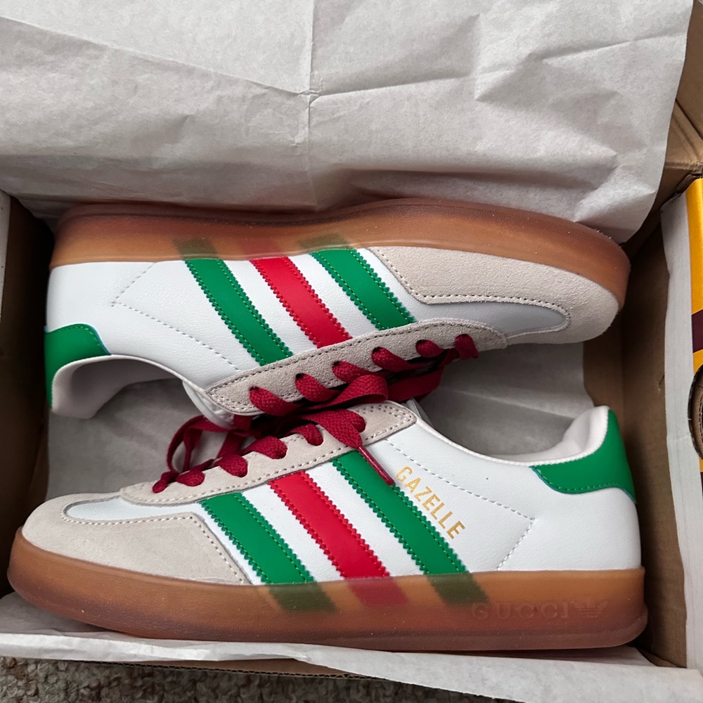Gazelle White Sneakers with Red and Green Stripes